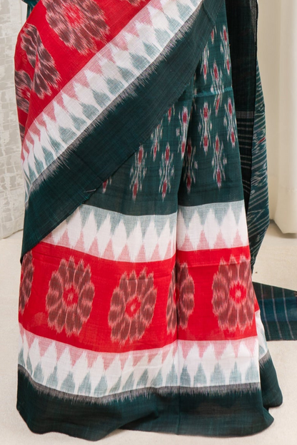 Odisha Ikkat Khandua Cotton Saree - Green-White-Red