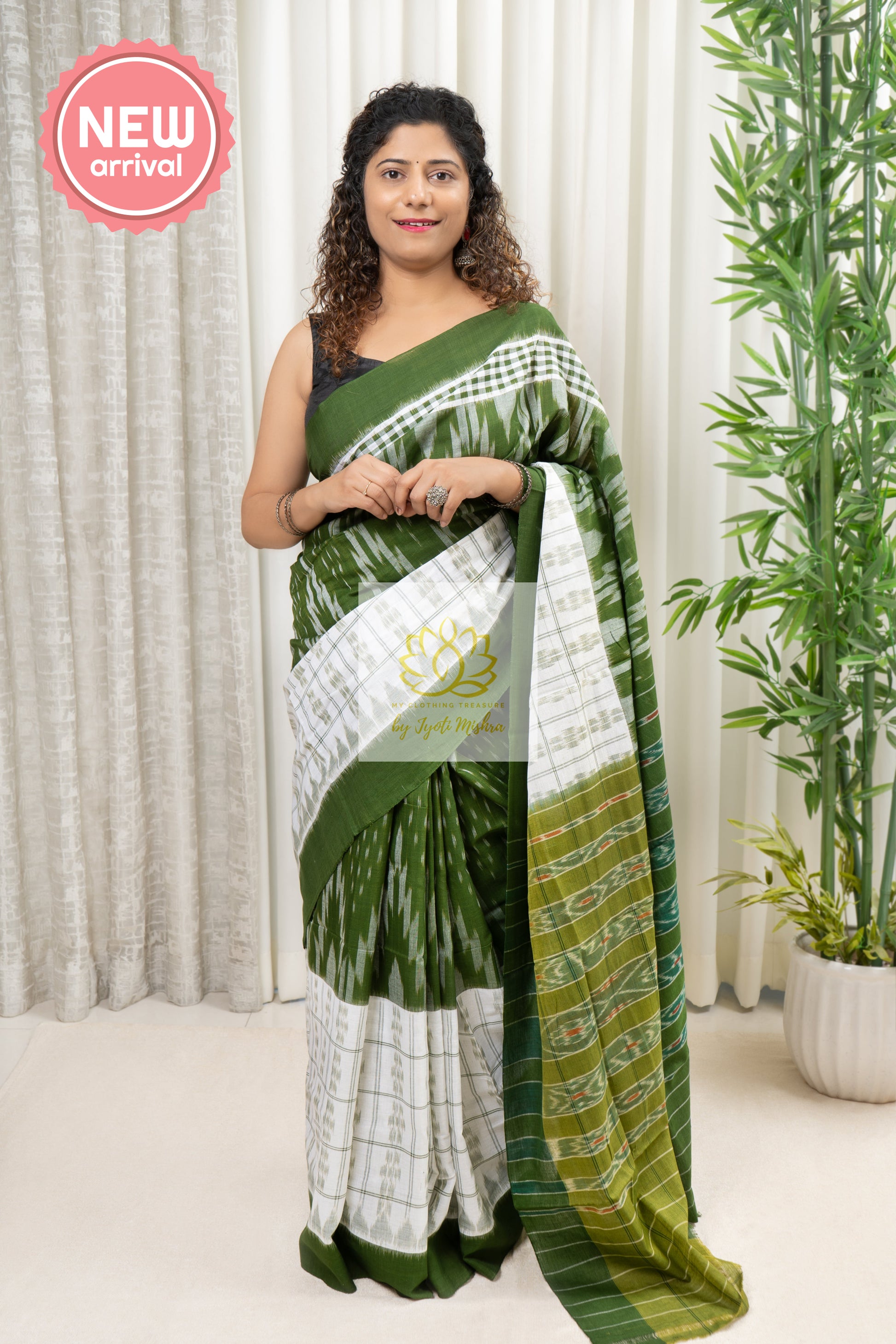 Odisha Ikkat Khandua Cotton Saree- Henna Green And White Saree