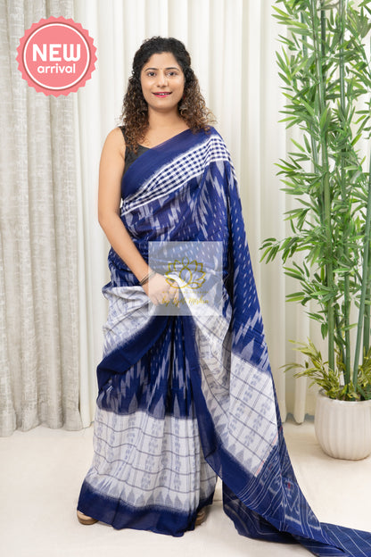 Odisha Ikkat Khandua Cotton Saree- Navy Blue And White Saree