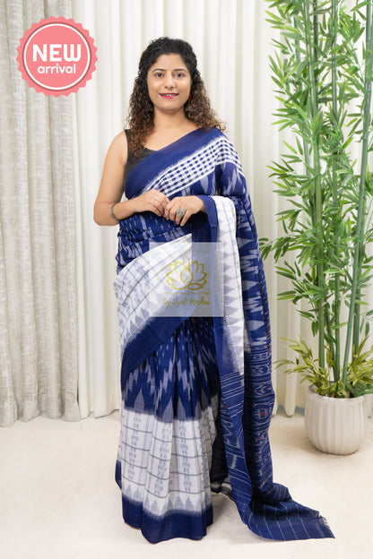 Odisha Ikkat Khandua Cotton Saree- Navy Blue And White Saree