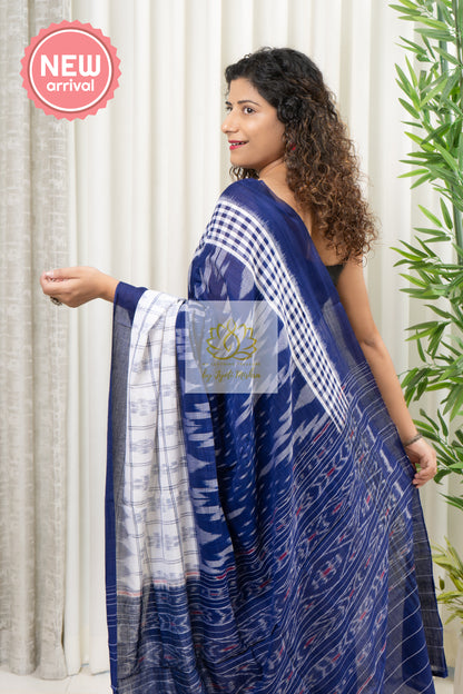 Odisha Ikkat Khandua Cotton Saree- Navy Blue And White Saree