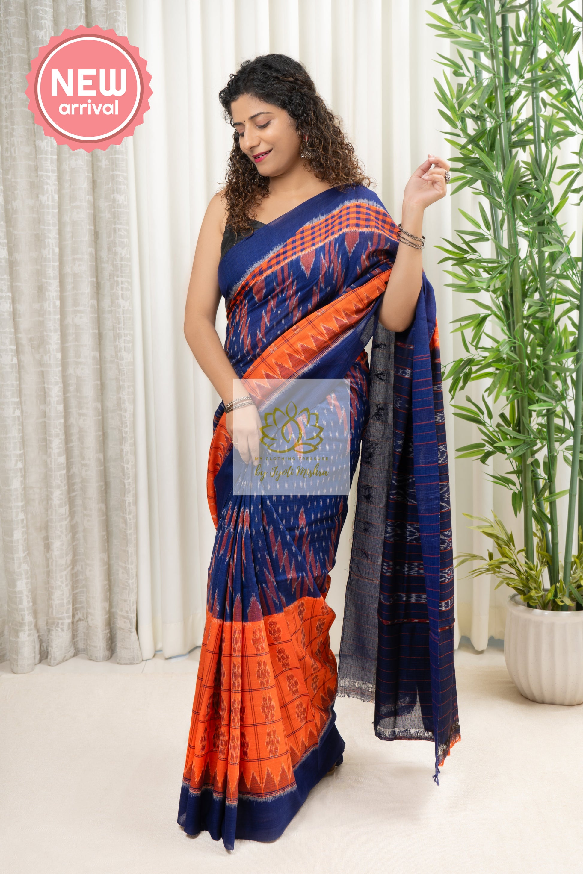 Odisha Ikkat Khandua Cotton Saree- Orange And Blue Saree