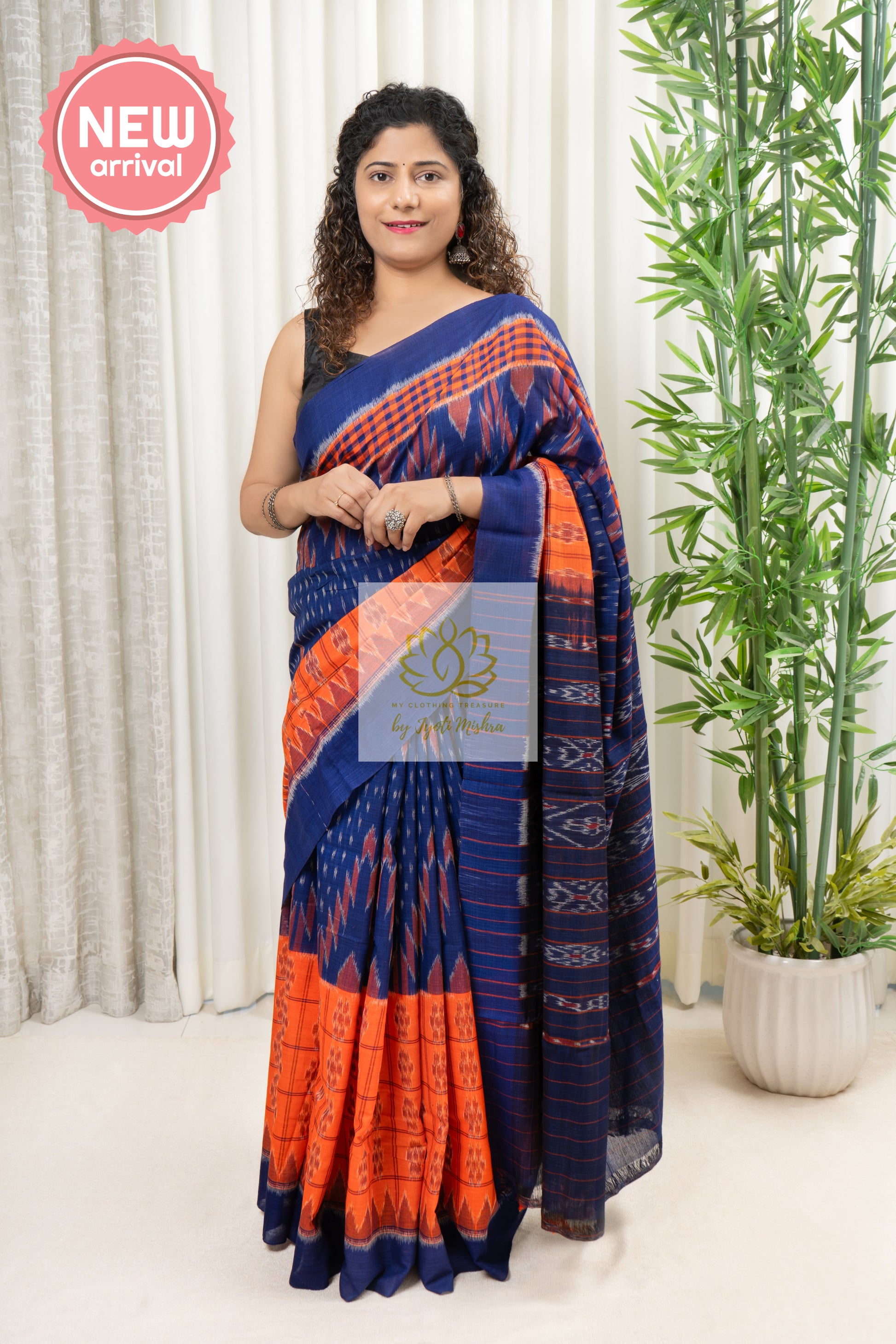 Odisha Ikkat Khandua Cotton Saree- Orange And Blue Saree