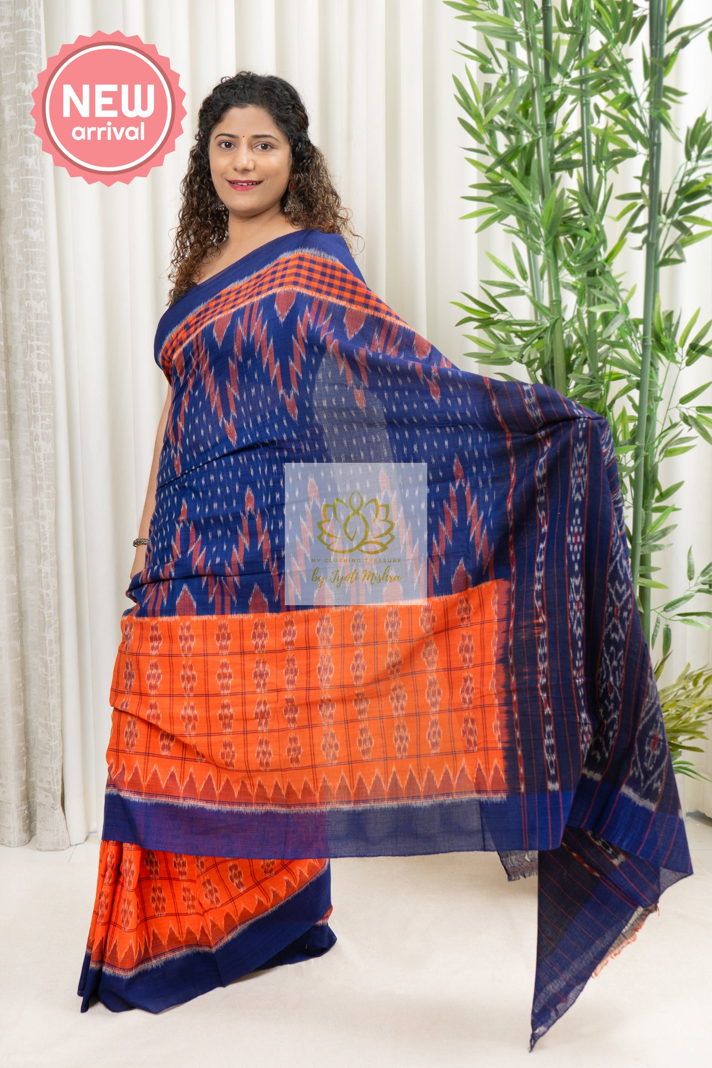 Odisha Ikkat Khandua Cotton Saree- Orange And Blue Saree