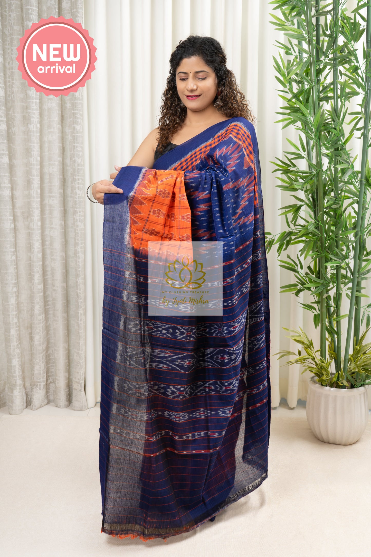 Odisha Ikkat Khandua Cotton Saree- Orange And Blue Saree