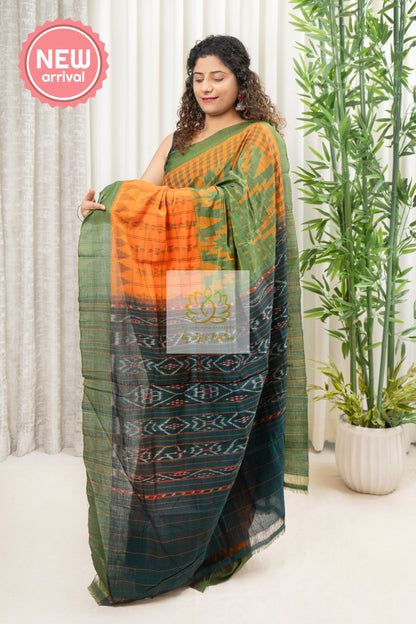 Odisha Ikkat Khandua Cotton Saree- Orange And Henna Saree