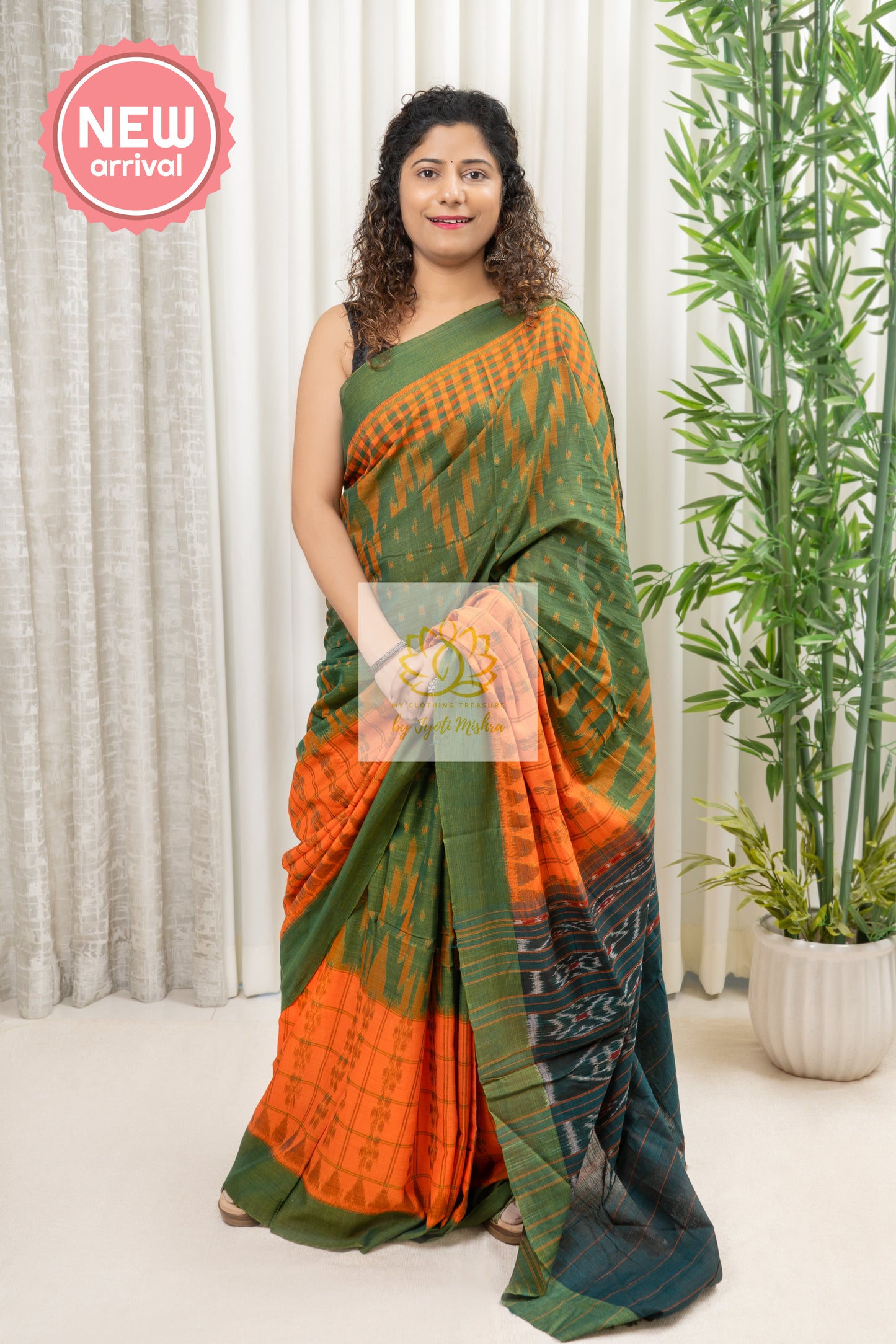 Odisha Ikkat Khandua Cotton Saree- Orange And Henna Saree