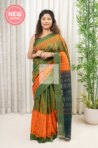 Odisha Ikkat Khandua Cotton Saree- Orange And Henna Saree