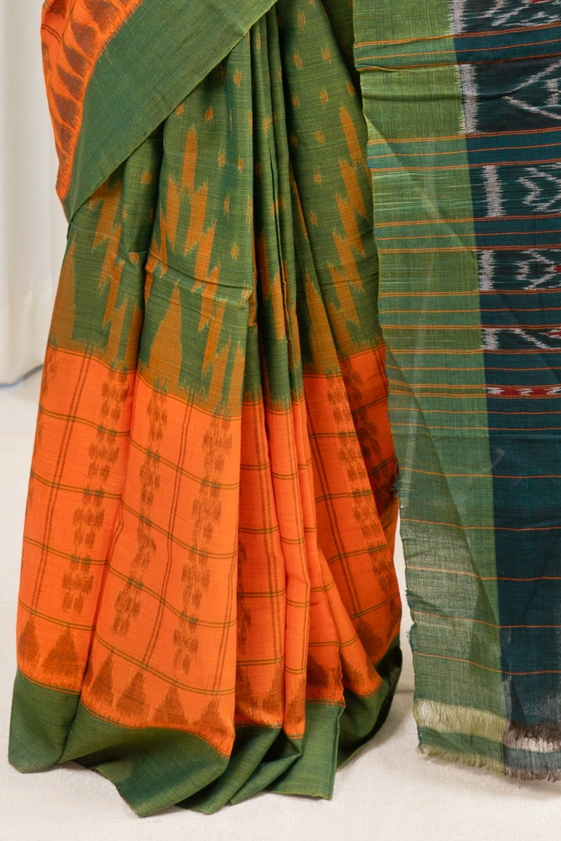 Odisha Ikkat Khandua Cotton Saree- Orange and Henna