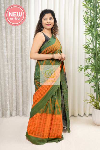 Odisha Ikkat Khandua Cotton Saree- Orange And Henna Saree