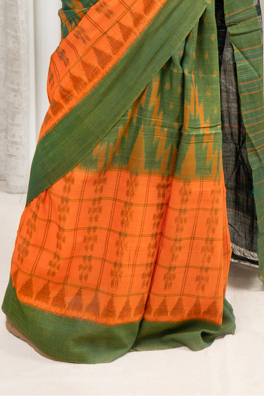 Odisha Ikkat Khandua Cotton Saree- Orange and Henna