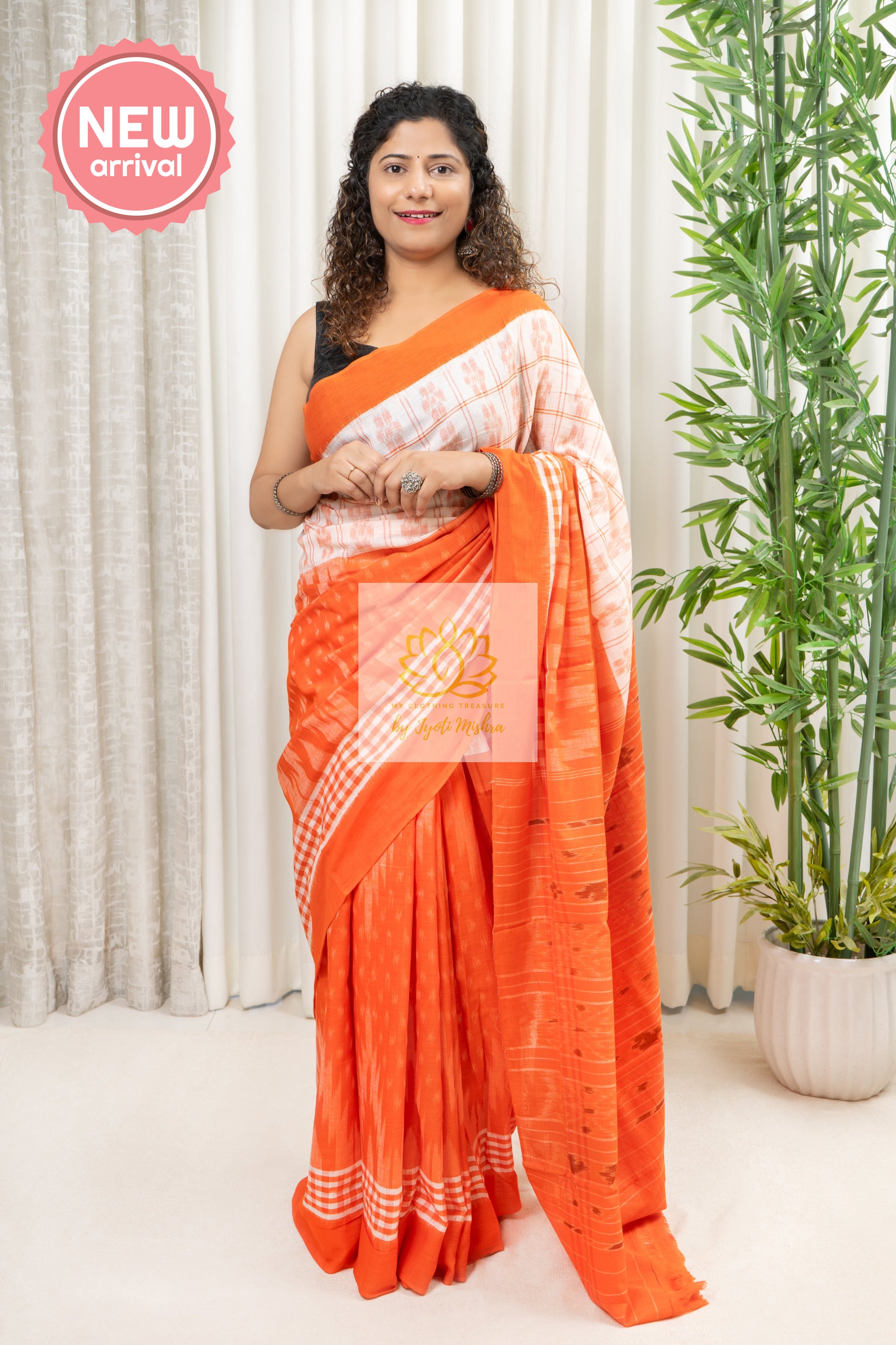 Odisha Ikkat Khandua Cotton Saree- Orange And White Saree