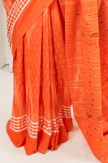 Odisha Ikkat Khandua Cotton Saree- Orange and White