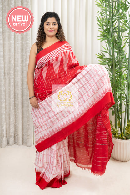 Odisha Ikkat Khandua Cotton Saree- Red And White Saree