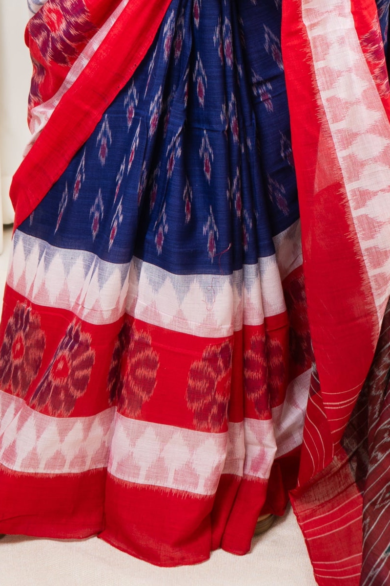 Odisha Ikkat Khandua Cotton Saree - Red-White-Blue