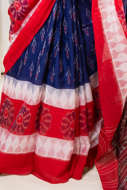 Odisha Ikkat Khandua Cotton Saree - Red-White-Blue