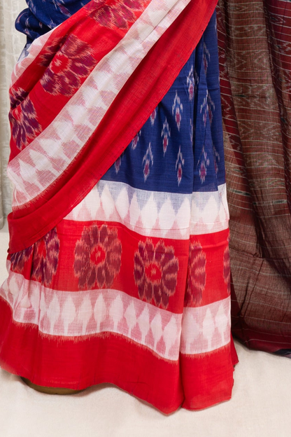 Odisha Ikkat Khandua Cotton Saree - Red-White-Blue
