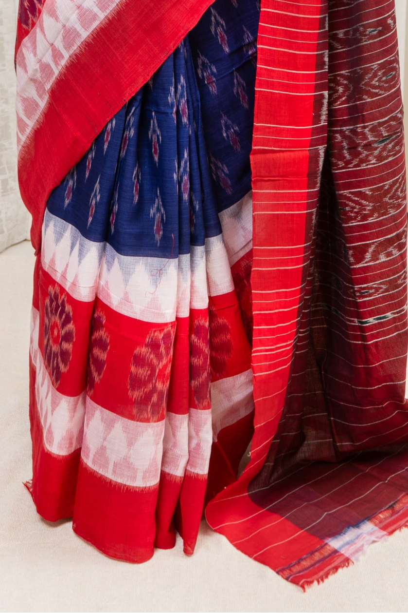 Odisha Ikkat Khandua Cotton Saree - Red-White-Blue