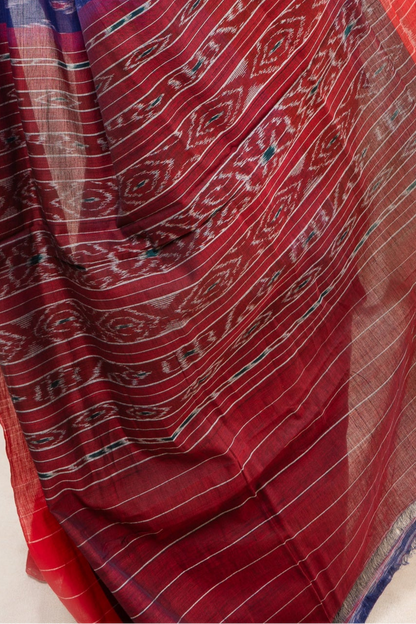 Odisha Ikkat Khandua Cotton Saree - Red-White-Blue