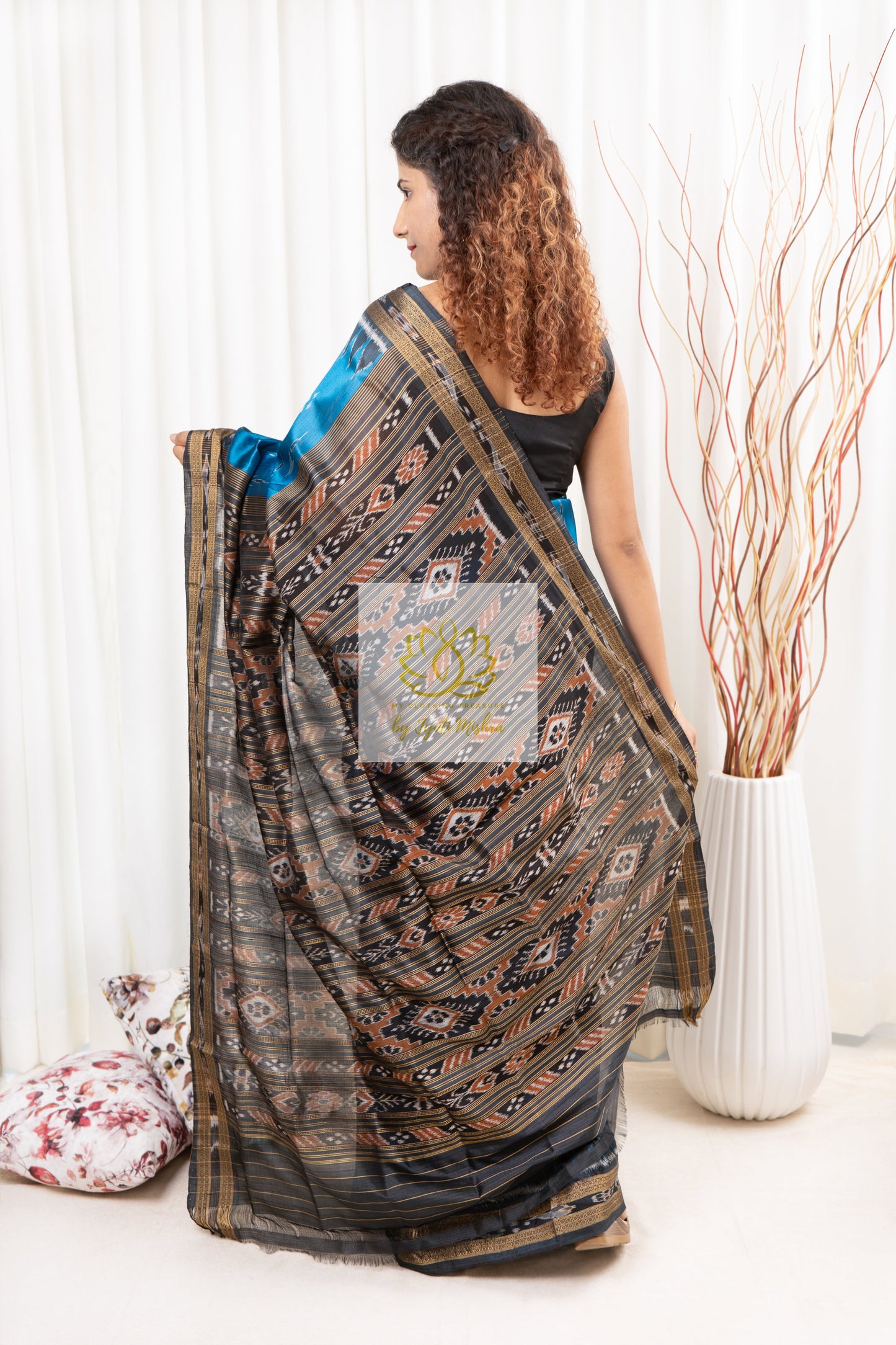 Odisha Ikkat Khandua Silk Saree - Mayura Chandrika- Cyan And Black