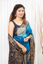 Load image into Gallery viewer, Odisha Ikkat Khandua Silk Saree - Mayura Chandrika- Cyan And Black
