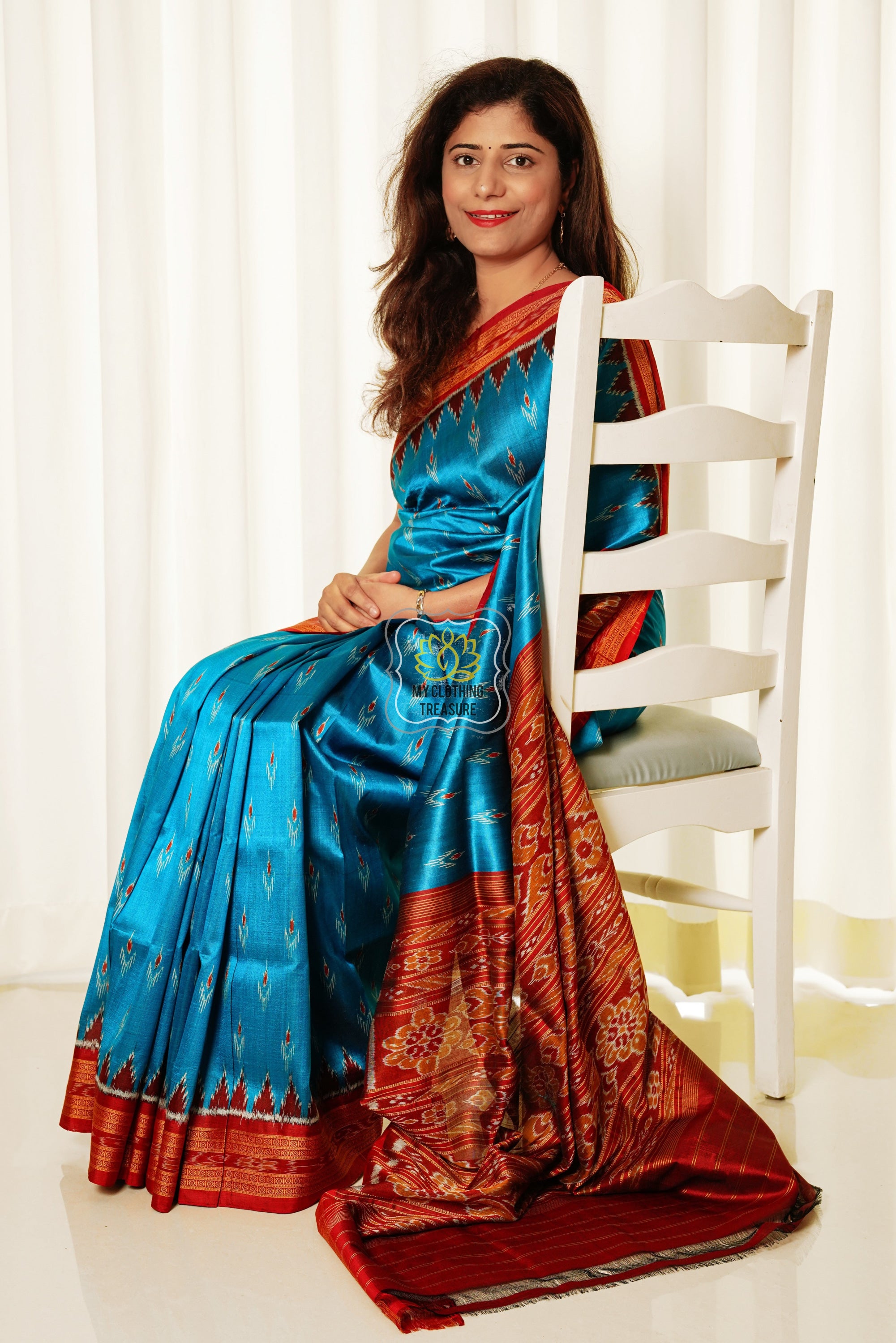 Odisha Ikkat Khandua Silk Saree - Mayura Chandrika- Cyan And Maroon