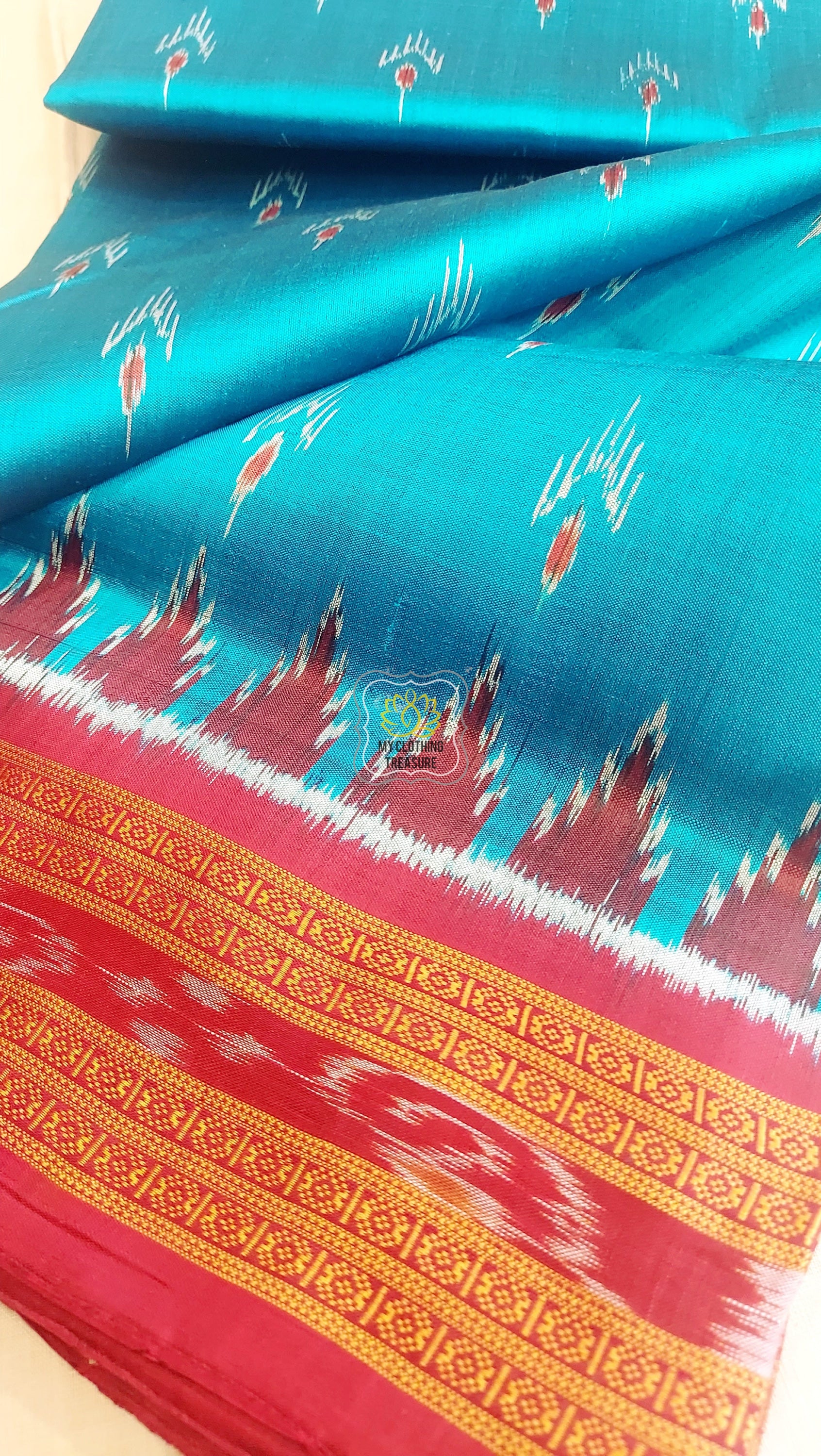 Odisha Ikkat Khandua Silk Saree - Mayura Chandrika- Cyan And Maroon