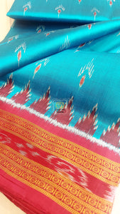 Odisha Ikkat Khandua Silk Saree - Mayura Chandrika- Cyan And Maroon