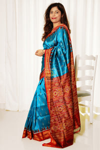 Odisha Ikkat Khandua Silk Saree - Mayura Chandrika- Cyan And Maroon