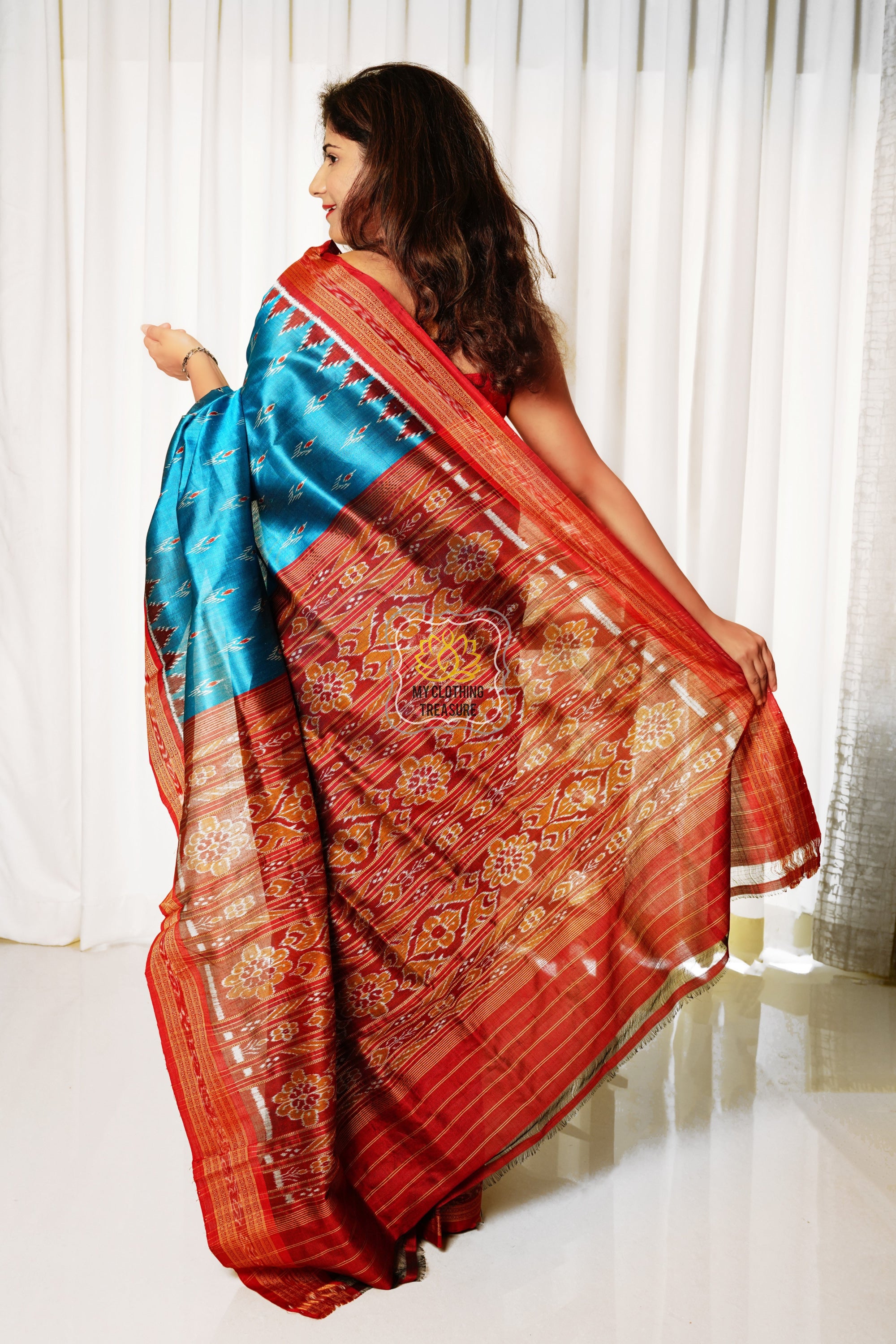 Odisha Ikkat Khandua Silk Saree - Mayura Chandrika- Cyan And Maroon