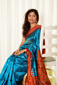 Odisha Ikkat Khandua Silk Saree - Mayura Chandrika- Cyan And Maroon