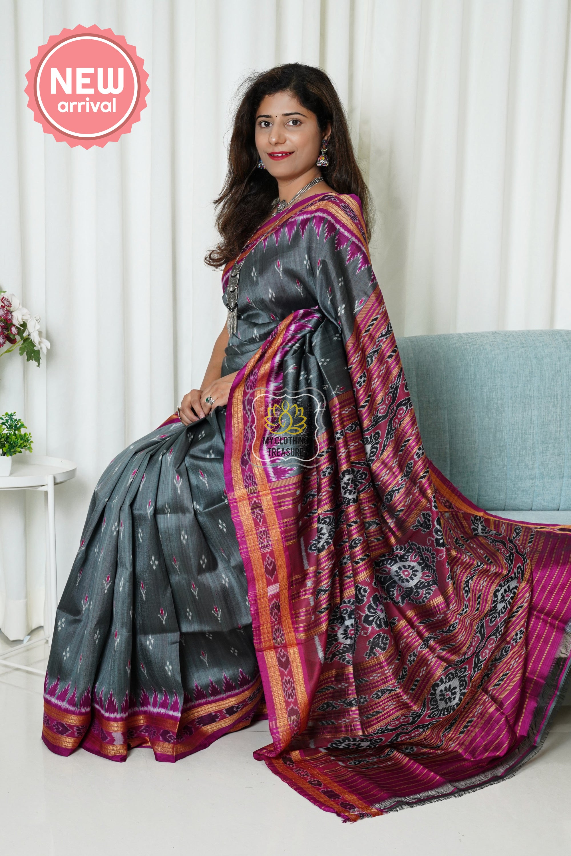 Odisha Ikkat Khandua Silk Saree - Mayura Chandrika- Dark Grey