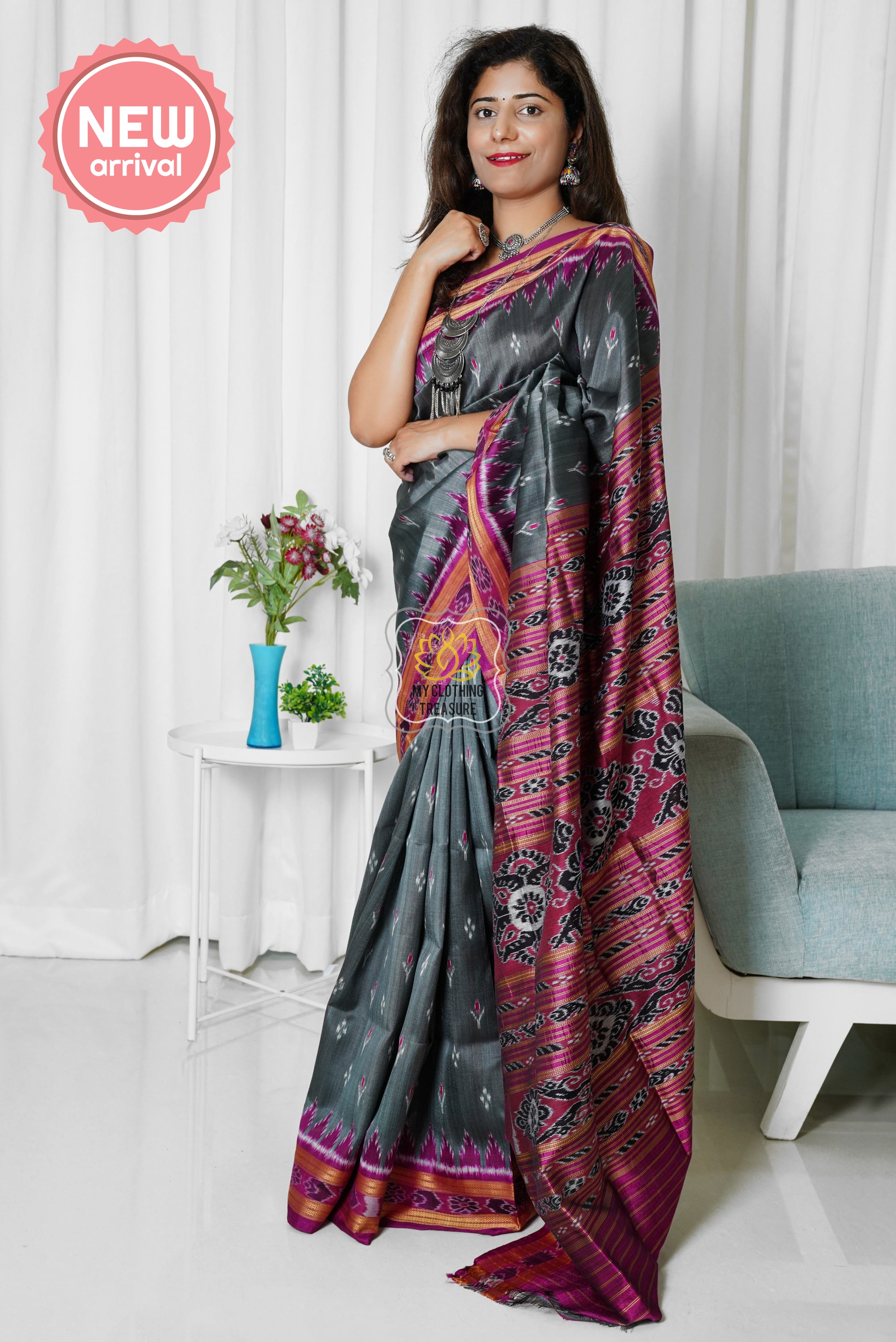 Odisha Ikkat Khandua Silk Saree - Mayura Chandrika- Dark Grey