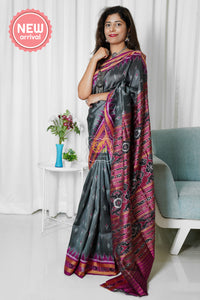 Odisha Ikkat Khandua Silk Saree - Mayura Chandrika- Dark Grey