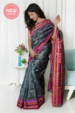 Load image into Gallery viewer, Odisha Ikkat Khandua Silk Saree - Mayura Chandrika- Dark Grey
