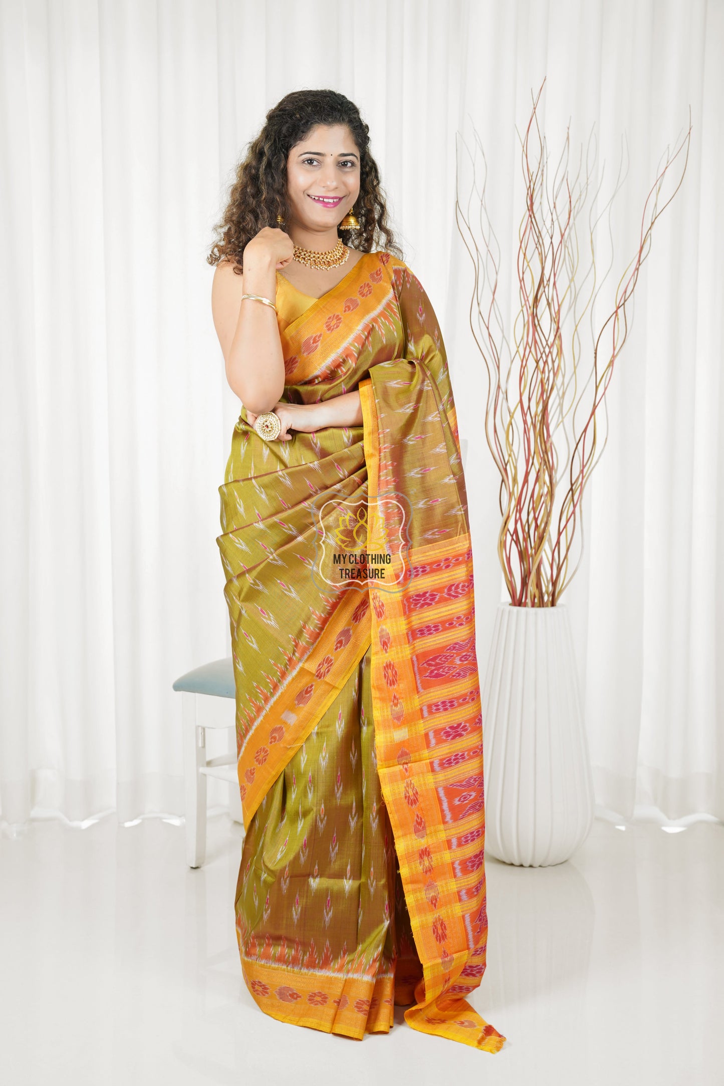 Odisha Ikkat Khandua Silk Saree - Mayura Chandrika- Dual Tone Henna