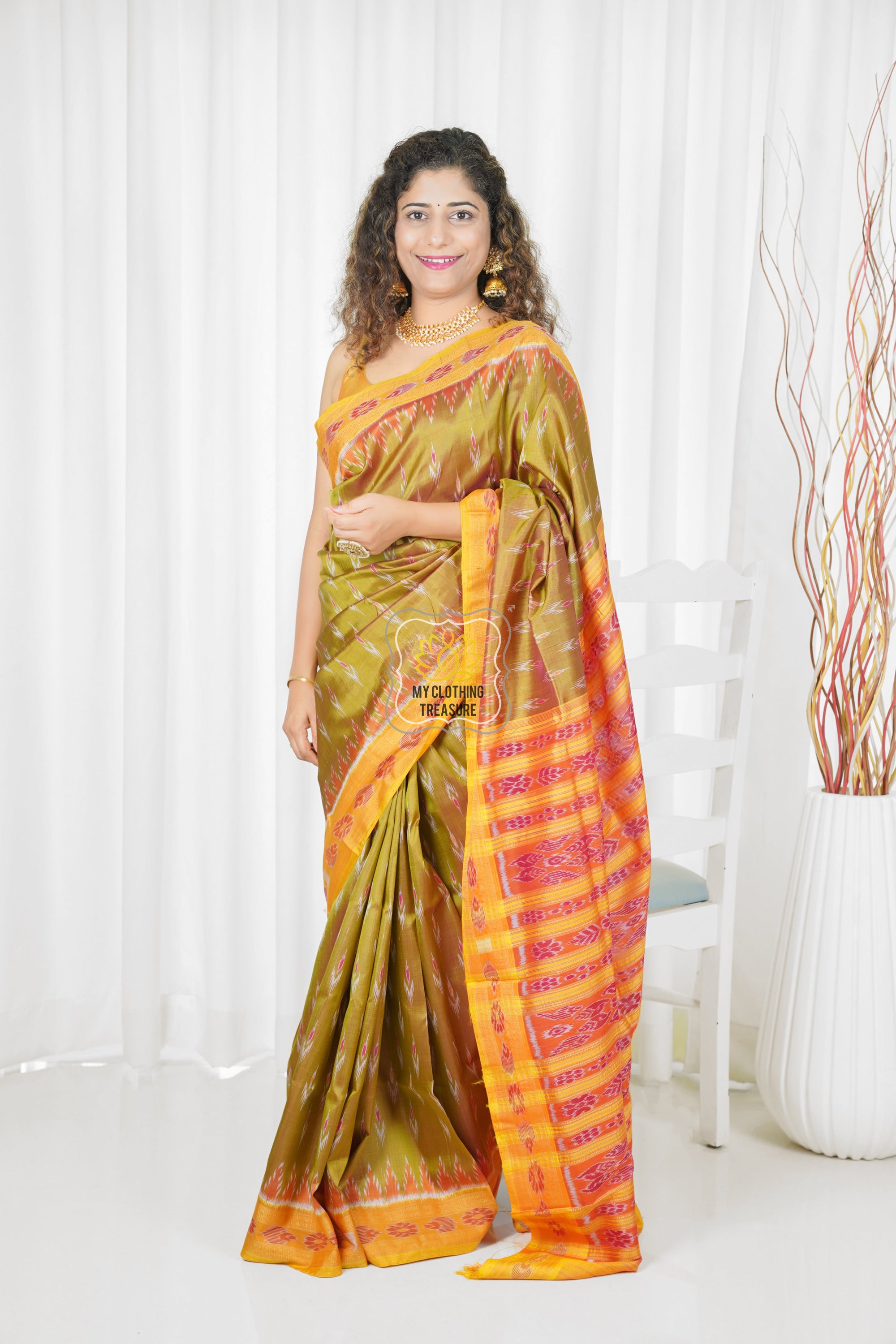 Odisha Ikkat Khandua Silk Saree - Mayura Chandrika- Dual Tone Henna