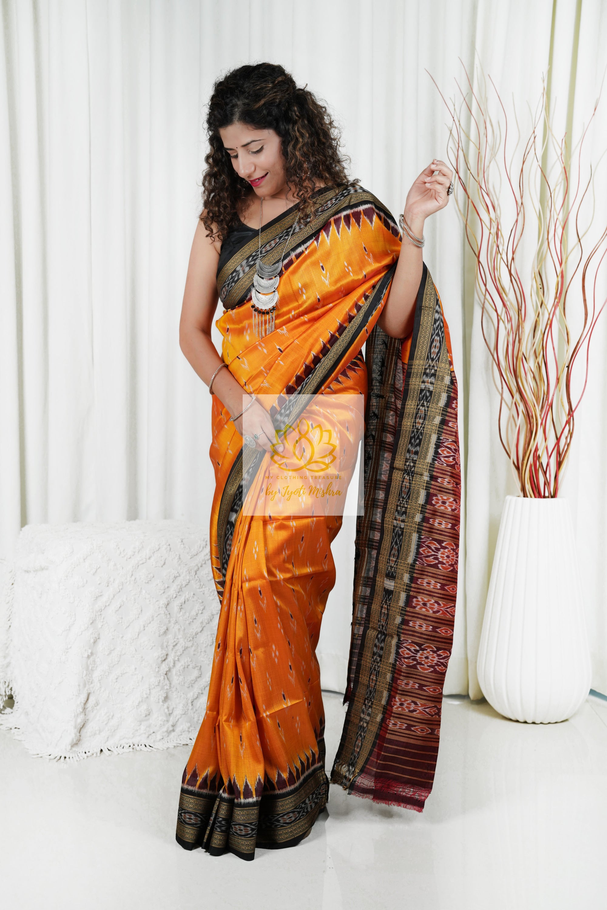 Odisha Ikkat Khandua Silk Saree - Mayura Chandrika- Golden Orange