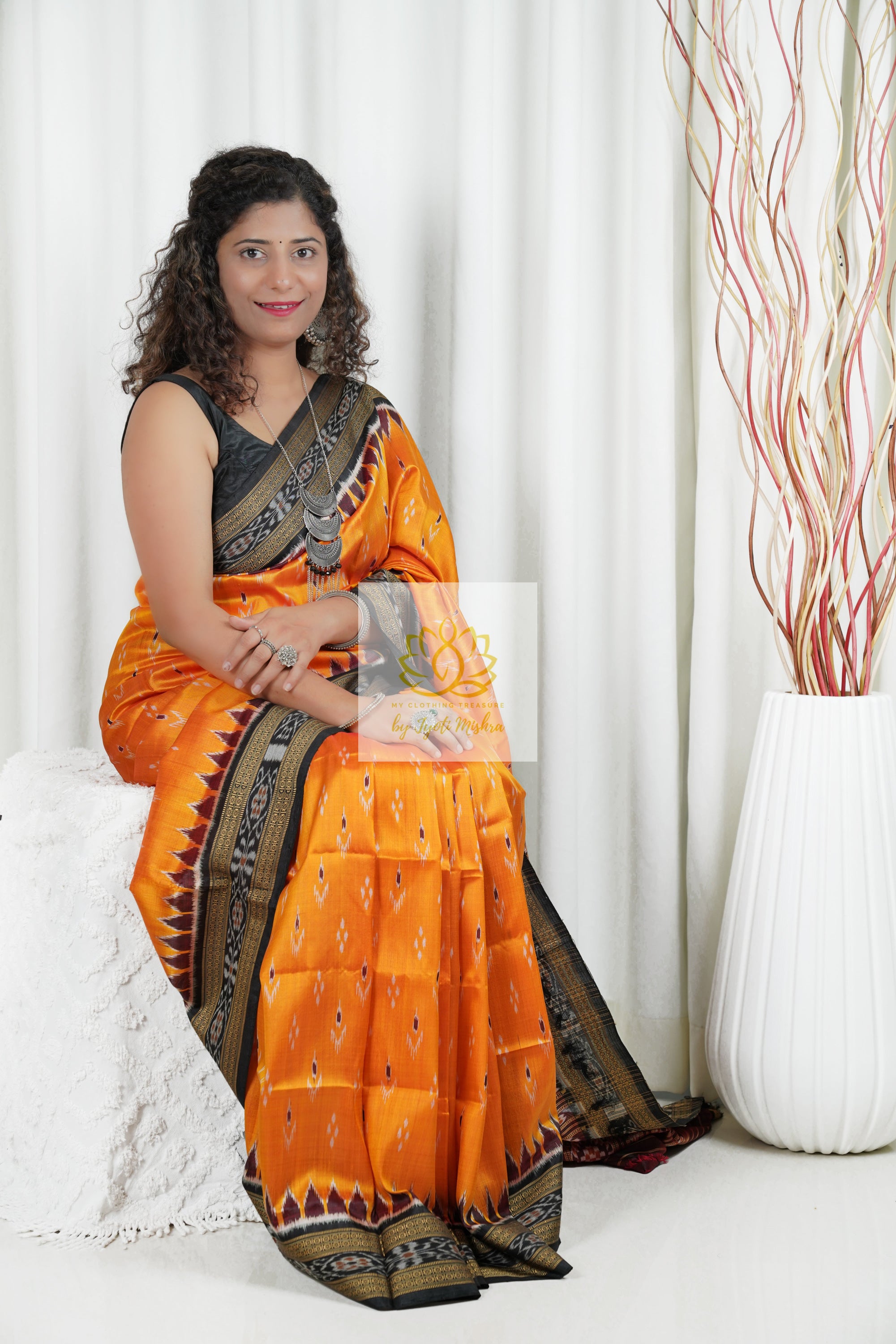 Odisha Ikkat Khandua Silk Saree - Mayura Chandrika- Golden Orange