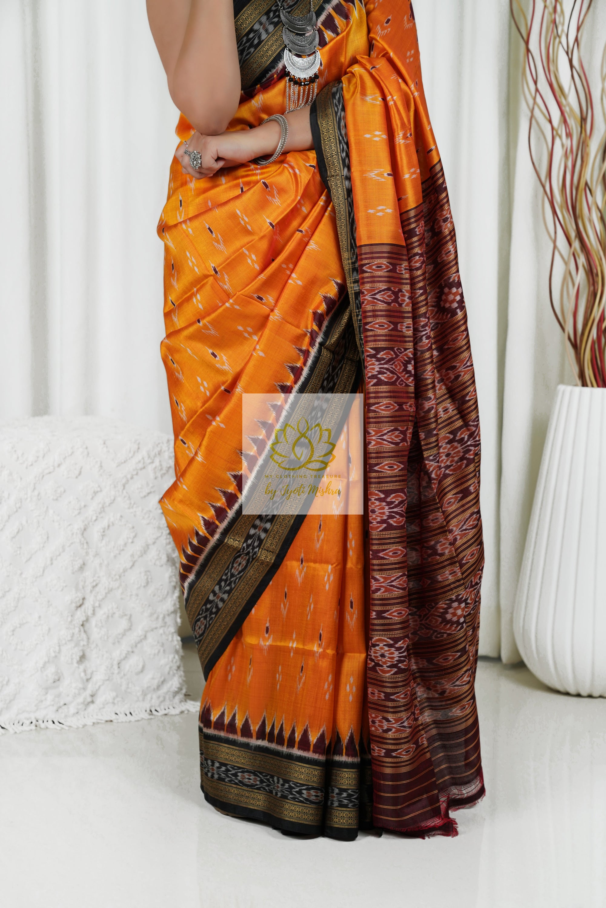 Odisha Ikkat Khandua Silk Saree - Mayura Chandrika- Golden Orange