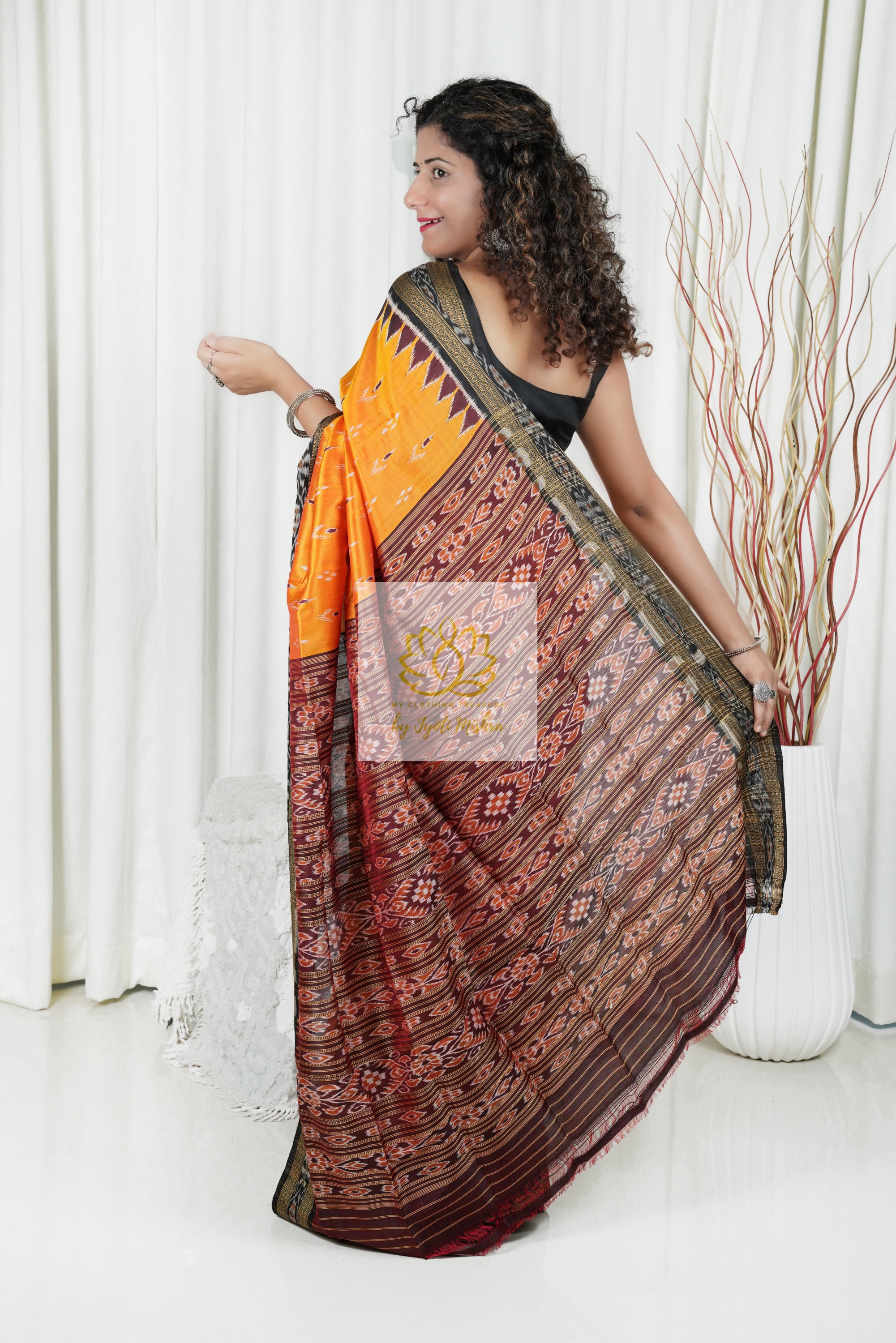 Odisha Ikkat Khandua Silk Saree - Mayura Chandrika- Golden Orange