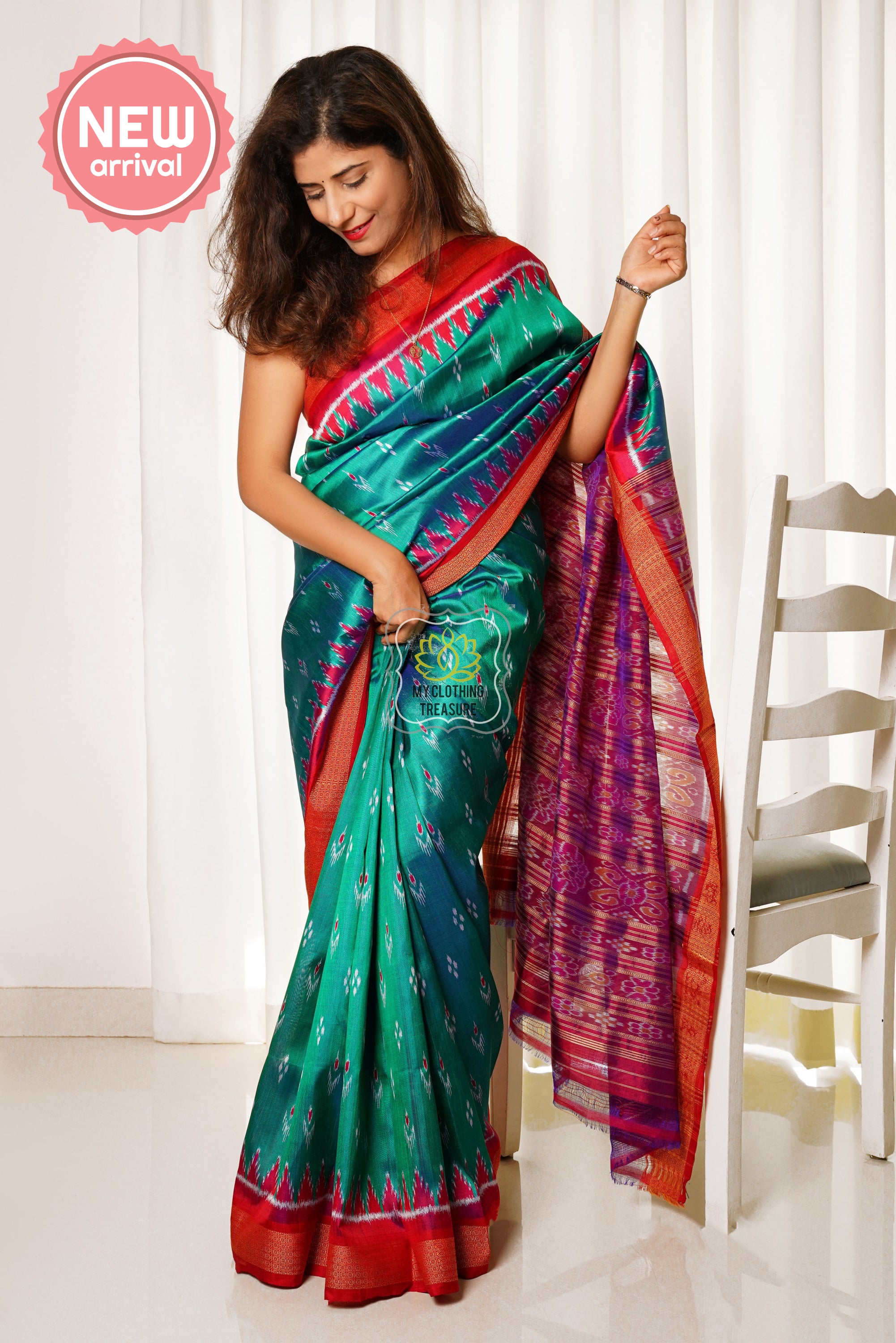 Odisha Ikkat Khandua Silk Saree - Mayura Chandrika- Shot Green