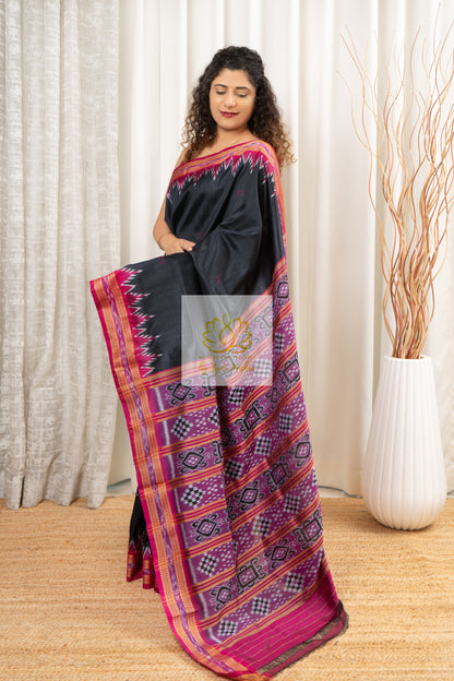 Odisha Ikkat Pure Khandua Silk Saree - Black Saree