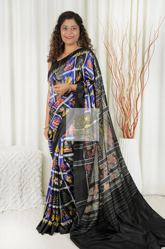 Odisha Ikkat Pure Silk Saree-Black Nabakothi Saree