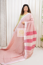 Load image into Gallery viewer, Off White Patteda Anchu Cotton Saree With Border (Pink Checks)
