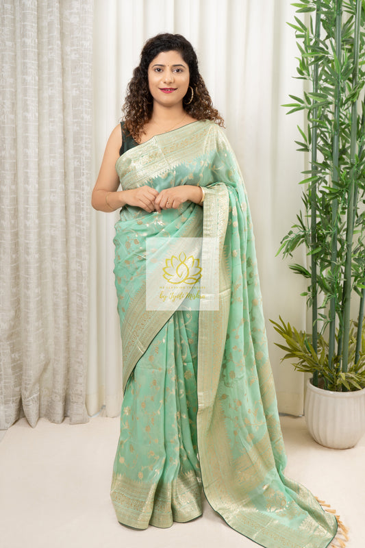 Organza Banarasi Saree- Pastel Green Saree