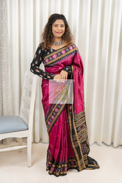 Pasapali Border Khandua Ikkat Silk Saree - Rani Pink