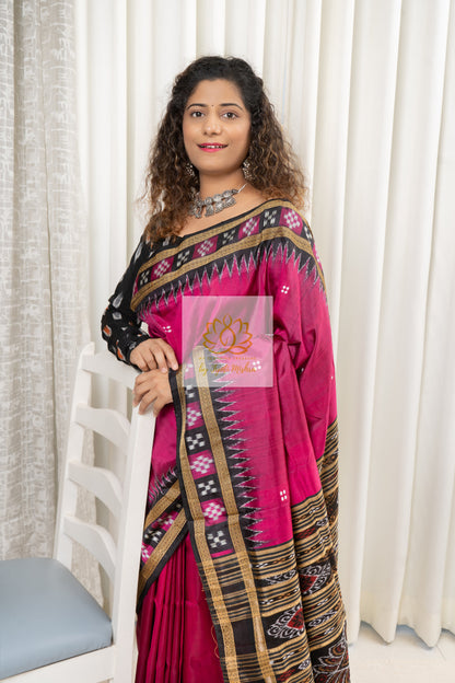 Pasapali Border Khandua Ikkat Silk Saree - Rani Pink