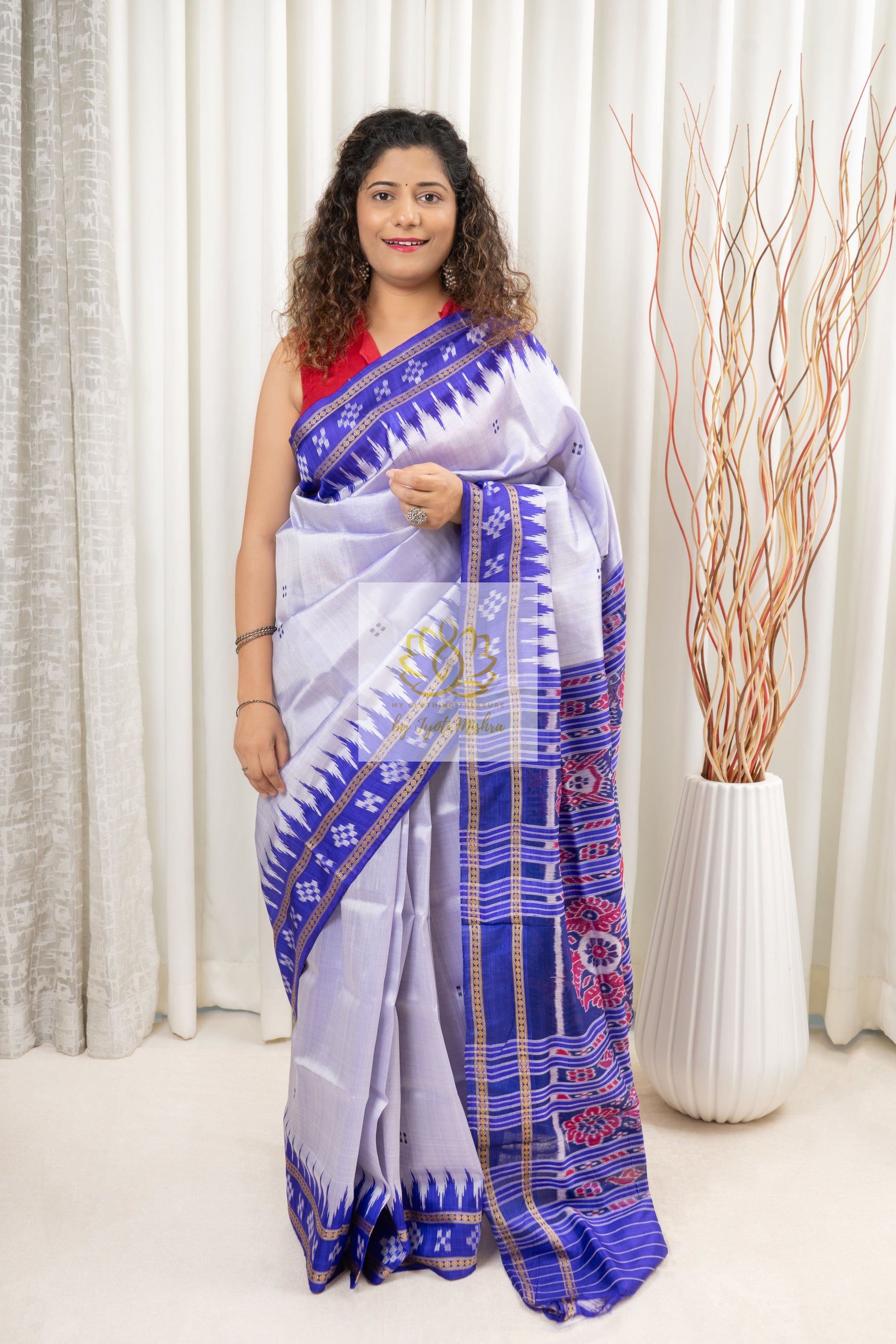 Pasapali Border Khandua Silk Saree - Silver