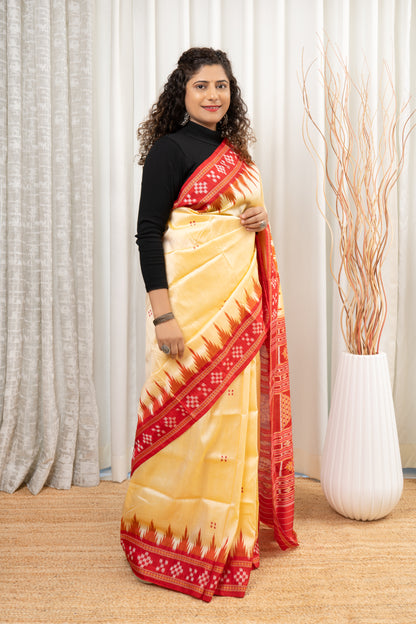 Pasapali Border Khandua Ikkat Silk Saree - Butter Cream